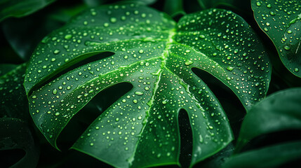 Obraz premium A vibrant green tropical plant leaf is beautifully covered with fresh water drops, glistening brightly in its natural environment.