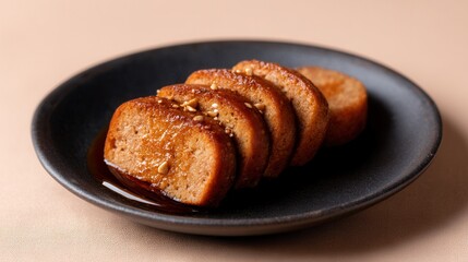 Fototapeta premium Slices of Golden Fried Dessert Served on a Black Plate at a Dining Table