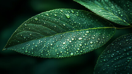Obraz premium Fresh green plant leaves are fully covered with clear water drops, reflecting light and showing the vibrant beauty of nature's purity.