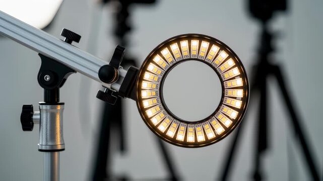 Macro shot of LED bulbs inside compact ringlight attached to adjustable stand designed for influencer use in professional and casual content creation.