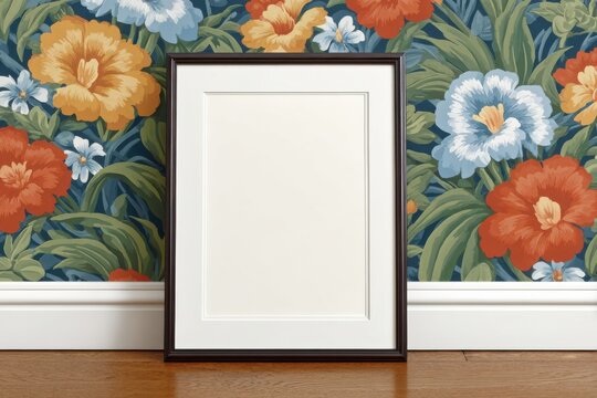 Empty picture frame against floral wallpaper background, decorative wall art mockup photography for social media faceless digital content marketing