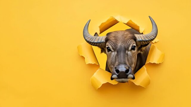 Funny Thai Water Buffalo Peeking Through Torn Paper - A humorous video featuring a Thai water buffalo's head poking through a hole in a bright yellow background.
