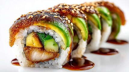 Sushi Rolls Topped With Avocado and Eel Sauce Served on White Plate