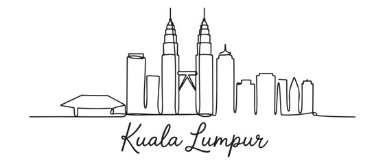 Naklejka premium Single continuous line drawing of Kuala Lumpur city skyline, Malaysia. Famous city landscape. World travel concept home wall decor art poster print. Vector black silhouette. with white background
