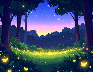 Firefly meadow forest scene at dusk