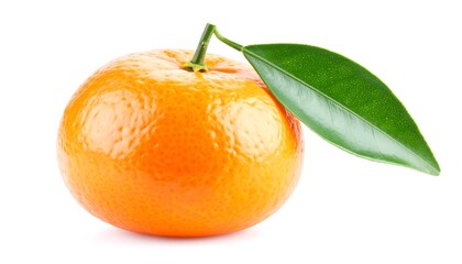 Ripe tangerine displaying vibrant color with attached leaf on white surface