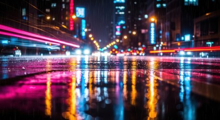 Fototapeta premium Rainy Night Cityscape Reflections Neon Lights Blur