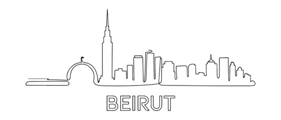 Obraz premium One continuous line drawing of Beirut city skyline, Lebanon. Beautiful city landmark. World landscape tourism and travel vacation. Vector black silhouette. with white background