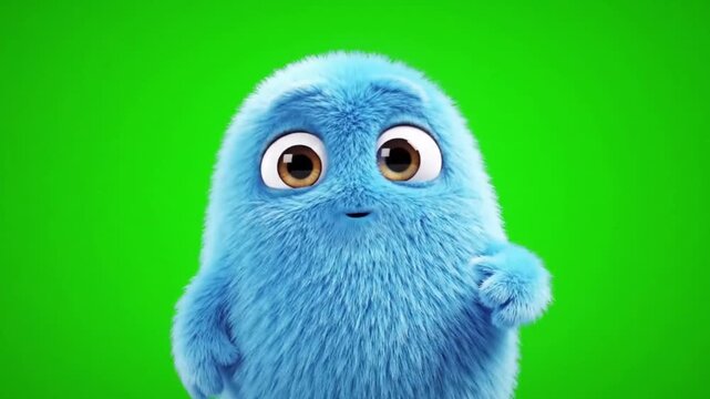 A cute fluffy blue monster character with big sad eyes looking worried and apologetic, pointing shyly, isolated on a green screen background