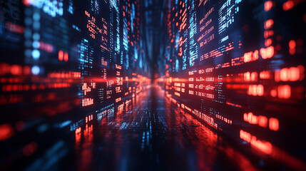 Glowing digital data flows along a futuristic abstract path creating a vibrant cyberspace network background for technology concepts.