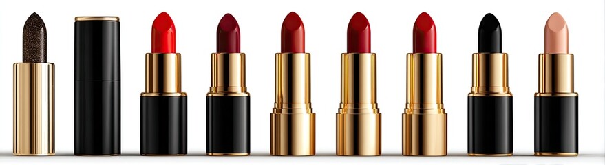 Row of various lipstick shades in gold and black packaging