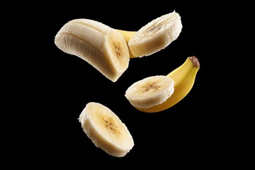 Fototapeta premium Sliced bananas in mid-air against black