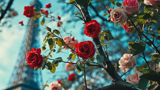 Eiffel Tower and Rose Flowers. Selective Focus. Nature.