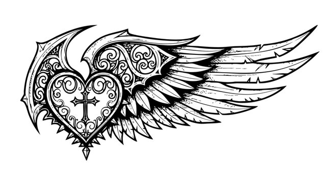 Heart and wing design with ornate details evokes remembrance. Winged heart, cross, and swirling elements create a symbolic motif. Use heart and wing design for memorial designs, remembrance tattoos,