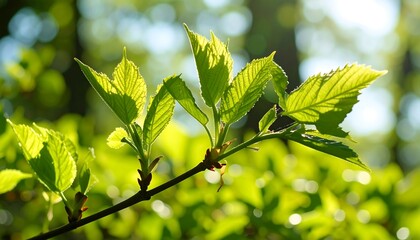 Close up of a sunlit branch with green leaves against a blurred forest background