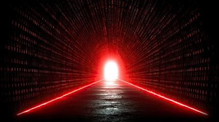 Red binary tunnel leading to bright light