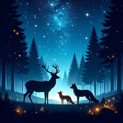 Forest night animals silhouette
