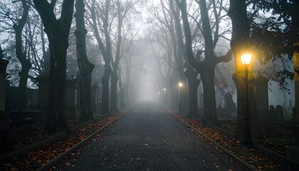 Eerie and atmospheric view of a deserted park pathway disappearing into the dense fog at night
