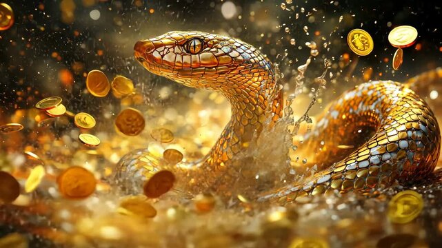 golden snake in gold and coins. Selective focus. Animal.