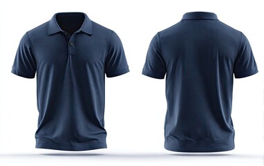 Front and back view of a navy polo shirt.  Blank,  men's  short-sleeved  polo.  Solid  color.  Button-down collar.  Studio  shot.  Product  mockup