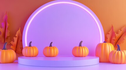 Spooky Showcase: Halloween Pedestal Featuring Pumpkins Surrounded by Whimsical Circles on a Vibrant Purple and Orange Backdrop
