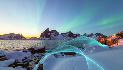 Aurora Borealis Waves Over Winter Landscape in Norway