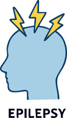 This is a flat vector illustration of a human head silhouette with yellow lightning bolts striking the brain area, symbolizing epilepsy and seizures.