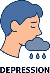 This is a flat vector illustration of a sad person with a dark rain cloud and raindrops symbolizing depression, mental health struggles, and emotional distress.