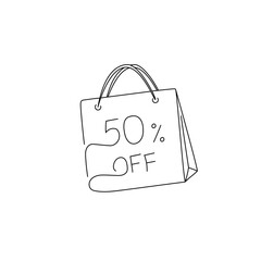 Outline of the profile of a bag with "50% off" sign in one line
