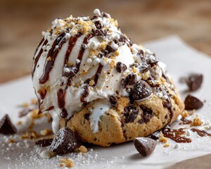 Snowy scoop of ice cream atop a chocolate chip cookie, drizzled with rich dark sauce, scattered with crunchy bits