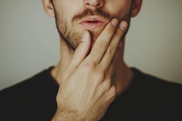 Fototapeta premium Mysterious Expression: Adult Male Covering Mouth and Gazing at the Camera