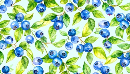 Watercolor blueberry pattern on light teal background
