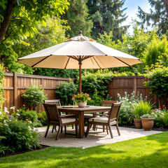 Outdoor patio dining area under umbrella