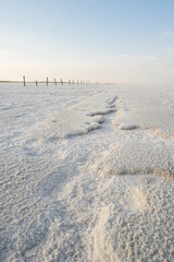 White salt desert lake Baskunchak, Astrakhan region, Russia