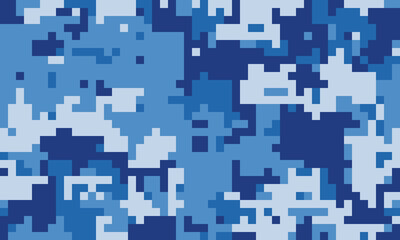 Abstract digital camouflage pattern in shades of blue.  Perfect for backgrounds, textiles, or tech designs.  Modern, pixelated style evokes themes of technology, concealment, and mystery.
