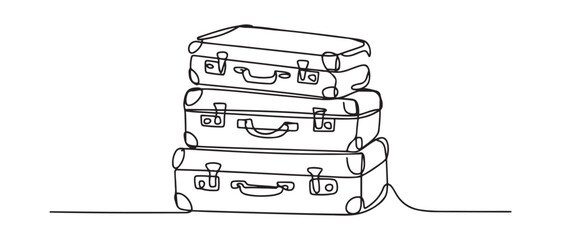 One continuous line drawing of old retro vintage leather suitcases stack. Vector black silhouette. with white background