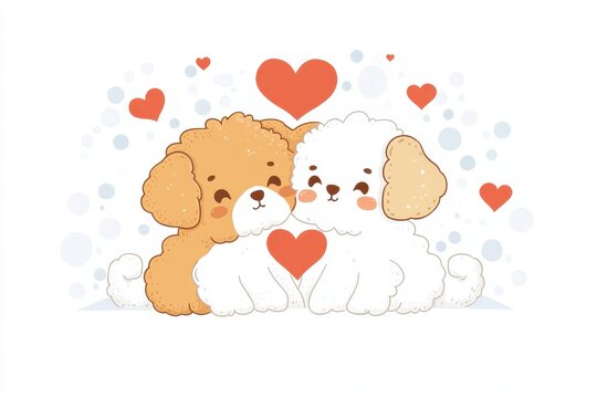 Adorable Canine Couple Sharing Love on Valentine's Day with Heart and Cloud Accents