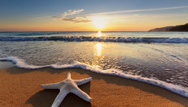 behold a breathtaking tableau of a serene beach at break of dawn where a celestial starfish and a seashell repose upon gilded grains of sand while undulating waves tenderly caress shore heralding