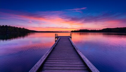 Fototapeta premium a tranquil scene of a dock extending over calm water at dusk the sky is painted with hues of orange and purple reflecting on the water s surface