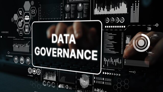 Hands Typing on Keyboard with Data Governance Text Overlaid and Data Visualization Elements in Background. Asymptotic smart data analytic.