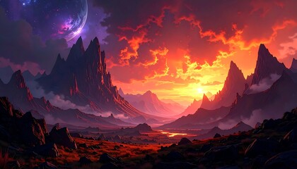 Epic mountain vista at fiery sunset