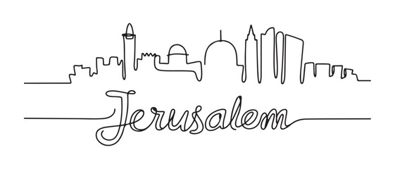 Fototapeta premium Single continuous line drawing of Jerusalem skyline, Palestine. Famous city scraper landscape. World travel concept home decor wall art poster print. Vector black silhouette. with white background