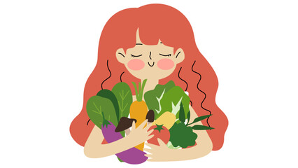 Vector girl holding fresh vegetables, vegetarian festival, healthy food