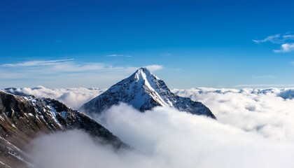 Obraz premium scenic mountain peak rising above a sea of fluffy clouds under a bright blue sky