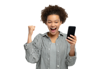 Excited person with cellphone smiles. This image is ideal for ads, blogs, or social media.