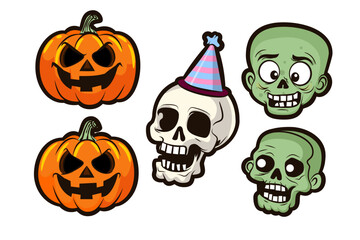 Festive Halloween illustration of a skull with a party hat, and cartoon zombies set.
