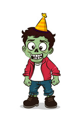 Creepy zombie kid in a birthday hat Halloween design fun cartoon illustrations
