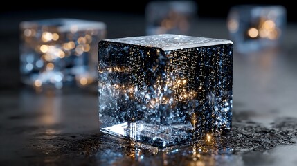 Abstract render of quantum data storage crystal with etched binary patterns and glowing facets floating alone representing next-gen memory technology