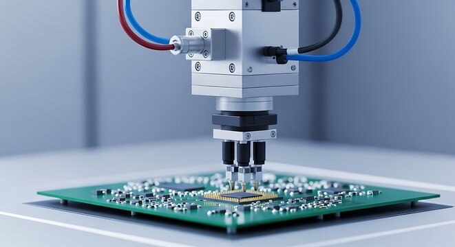 Automated robotic arm placing a microchip on a printed circuit board in a factory