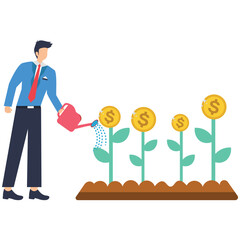 Flat illustration of plant man holding watering can growing coins investments nurturing savings and wealth potential stock illustration
